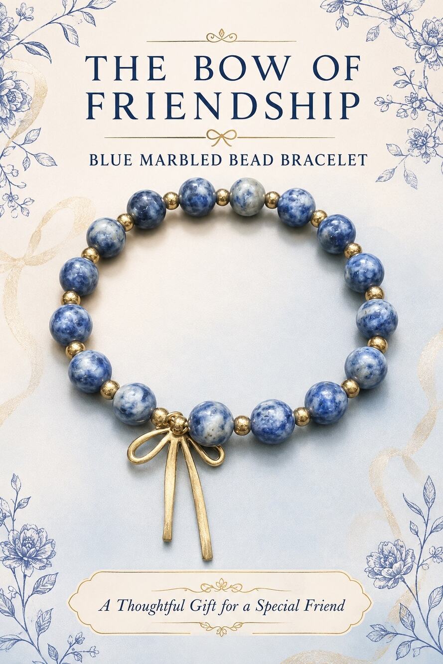 Blue Marbled Bead Bow of Friendship Stretch Bracelet